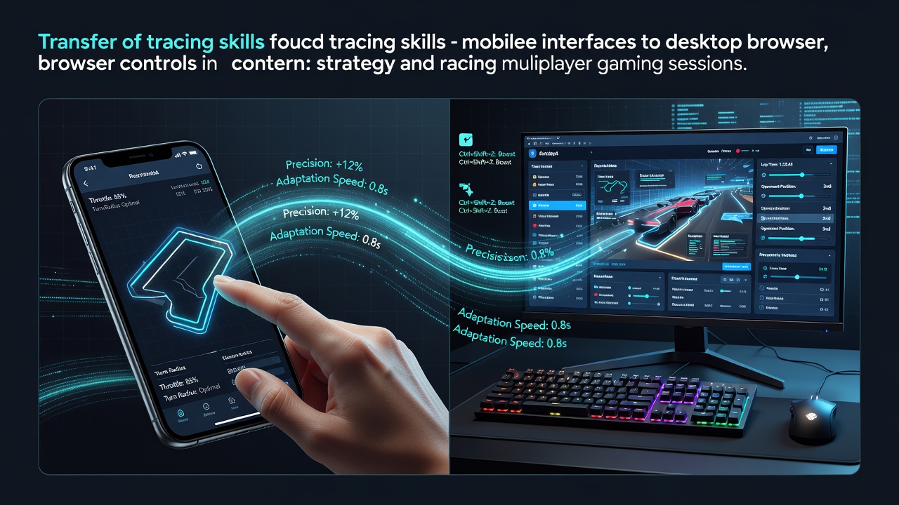 Diagram illustrating touch gesture mappings on mobile devices transitioning to keyboard and mouse inputs on desktop browsers during strategy and racing multiplayer sessions