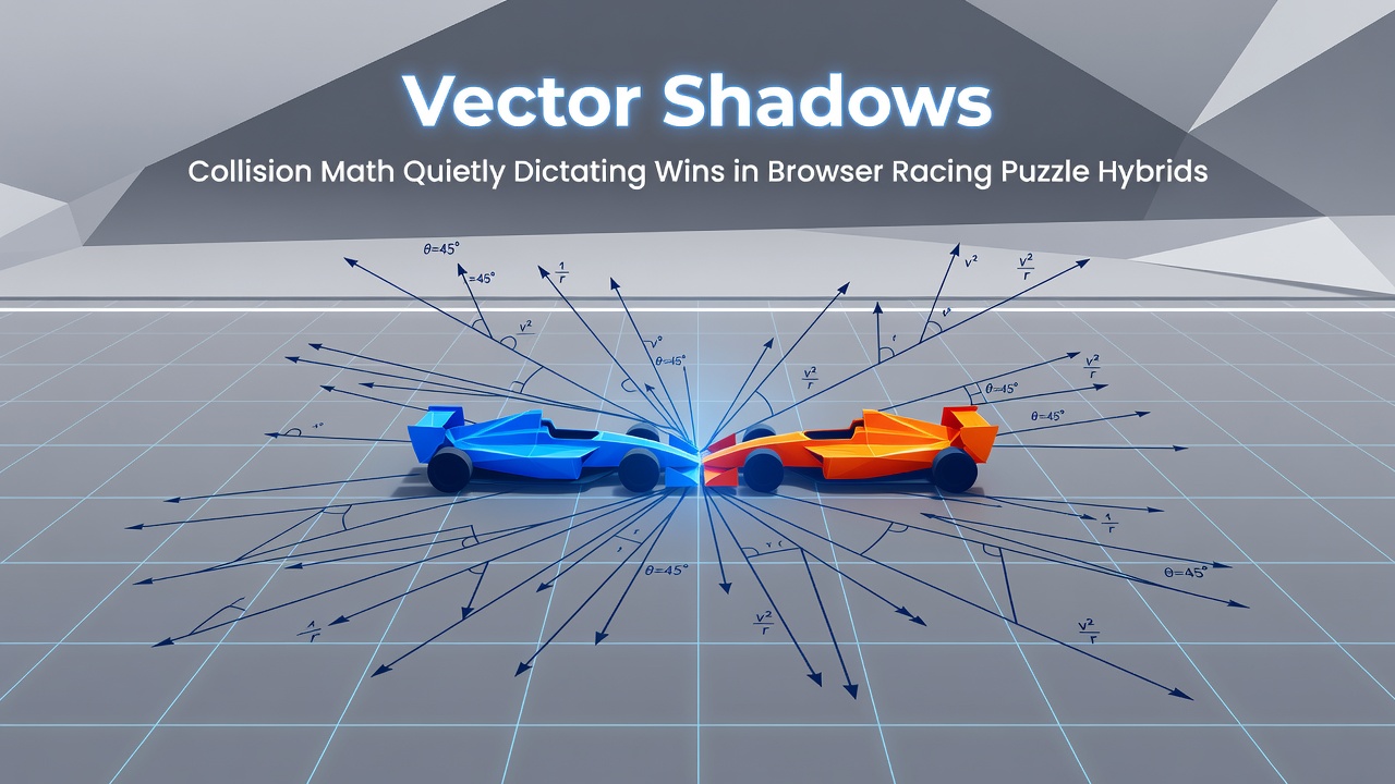 Browser racing puzzle hybrid game interface showing vector-based collision boundaries and shadow projections during gameplay